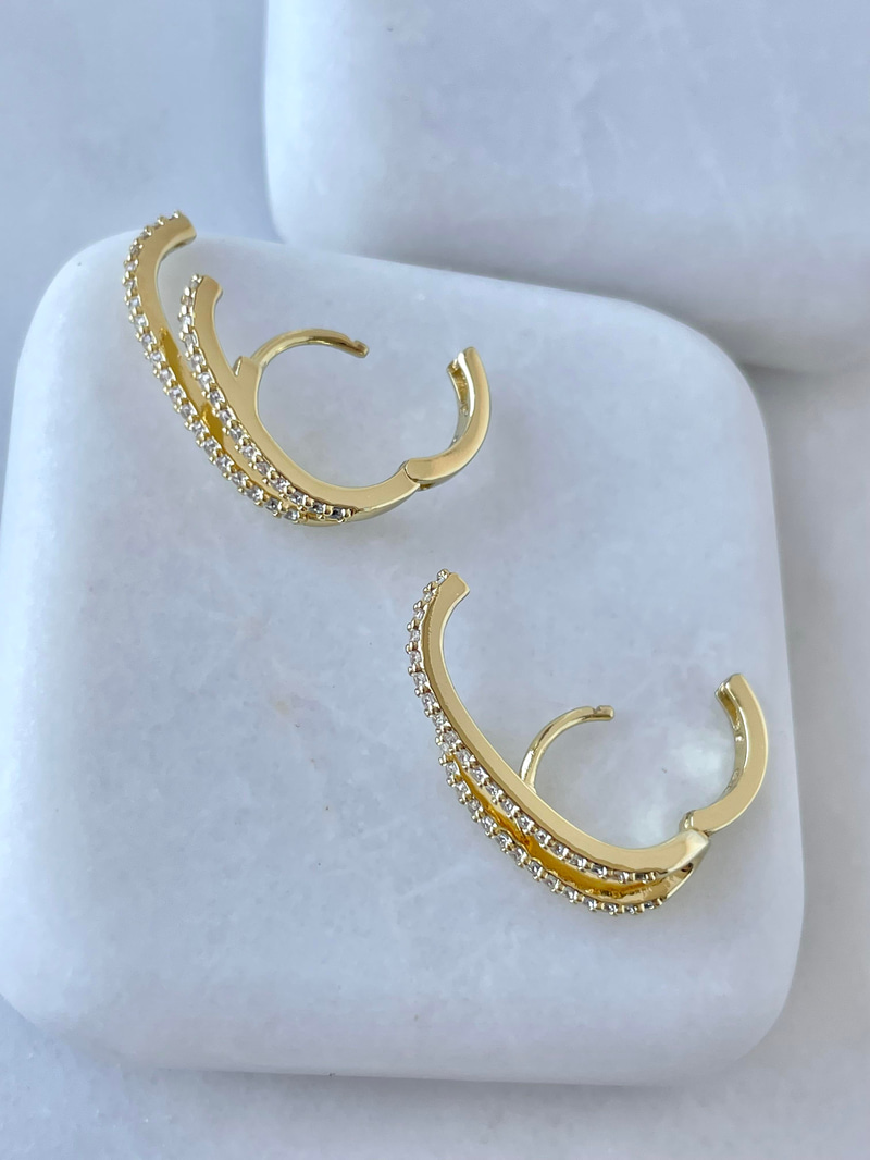 Özel Seri Gömme Taşlı İkili Görünüm Tasarım Küpe Gold