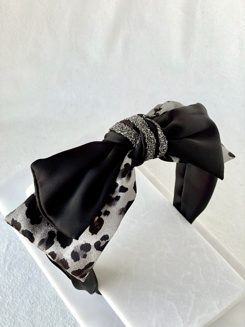 Leopar Desenli Saten Fiyonk Bandana Taç Gri