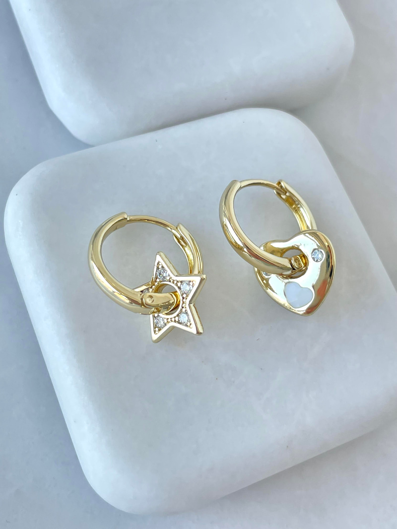 Özel Seri Yıldız ve Kalp Charmlı Halka Küpe Gold
