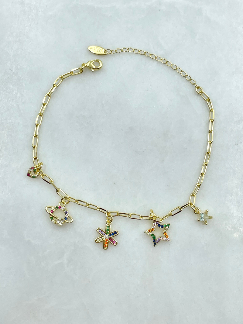 Renkli Kristal Taşlı Yıldız Sallantılı Halhal Gold
