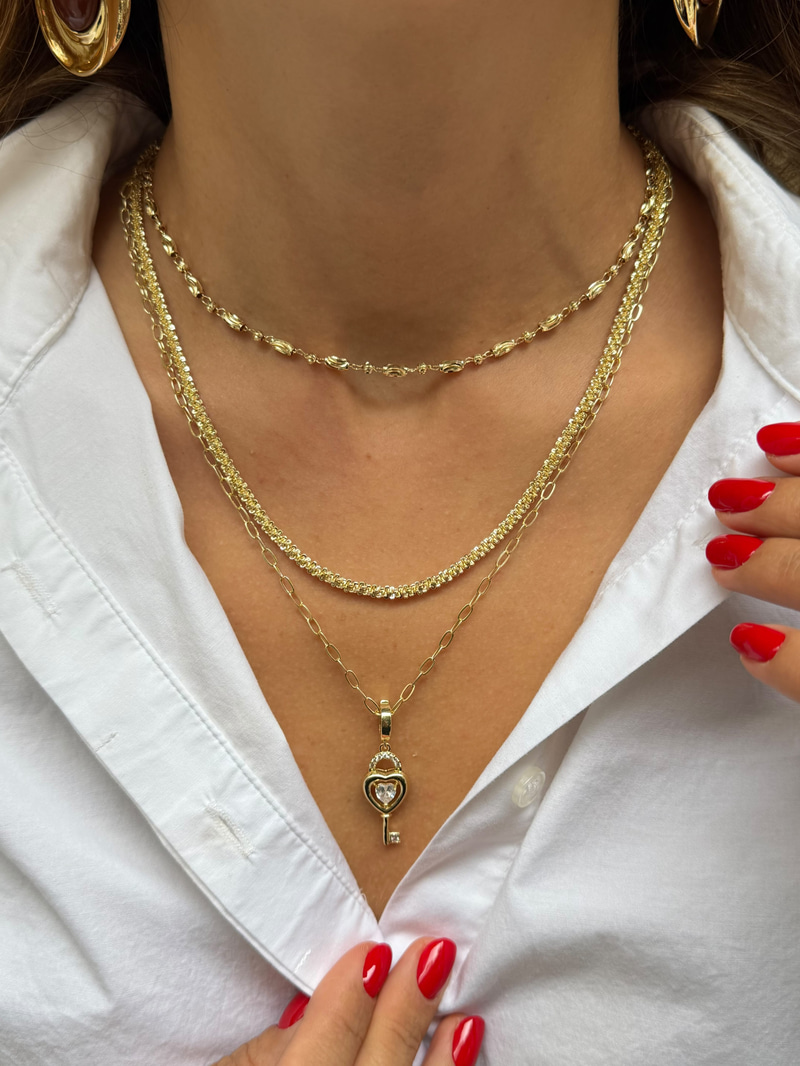 Işıltılı Topçuk ve Boru Zincir Kolye Gold