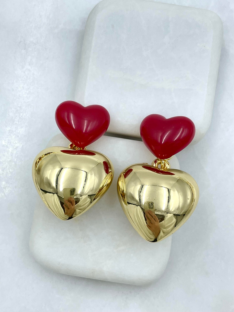Altın Kaplama Kırmızı ve Gold Kalp Sallantılı Küpe Gold