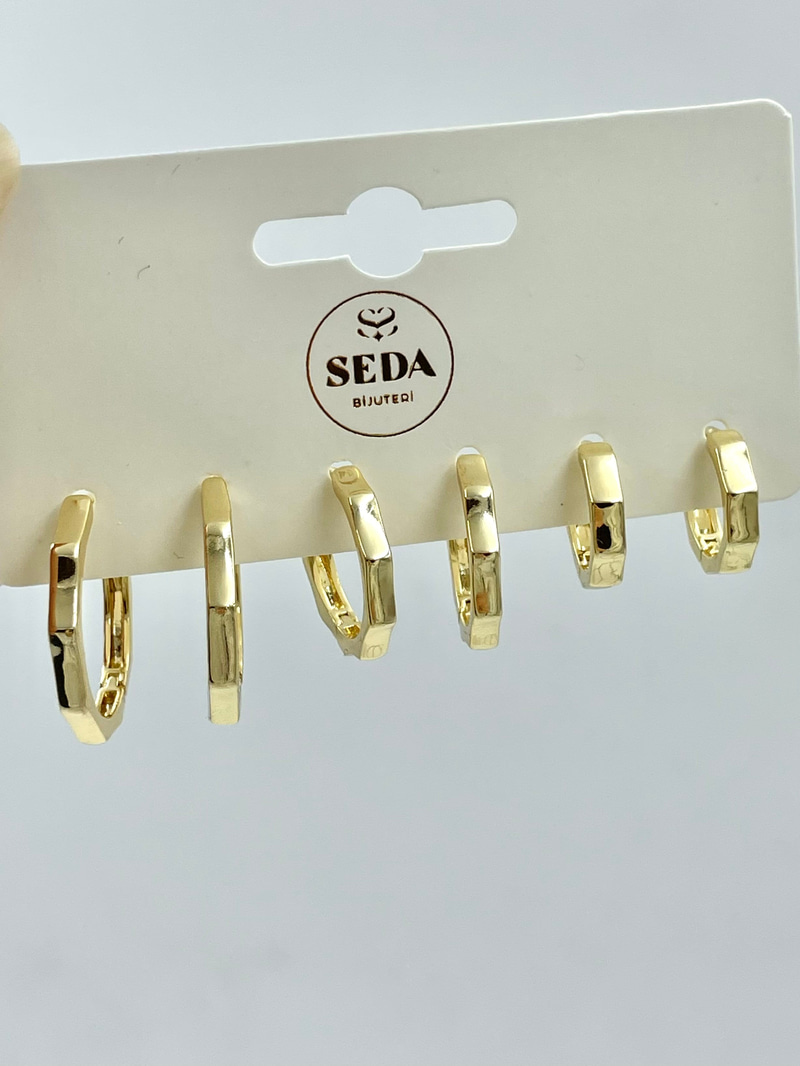 Dikdörtgen Yansımalı Altılı Küpe Seti Gold