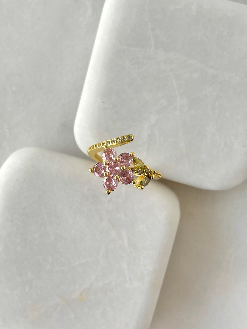 Altın Kaplama Pembe Kristal Dönen Çiçek Yüzük Gold