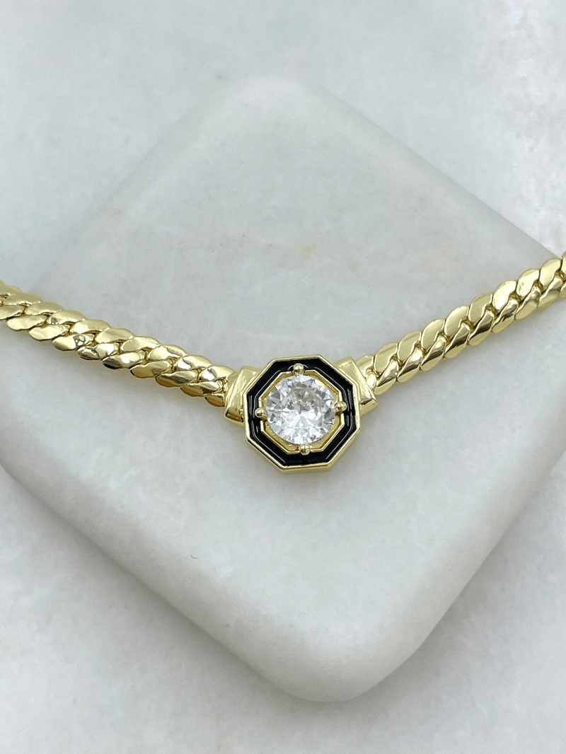Altın Kaplama Siyah Mineli Kristal Taşlı Kolye Gold