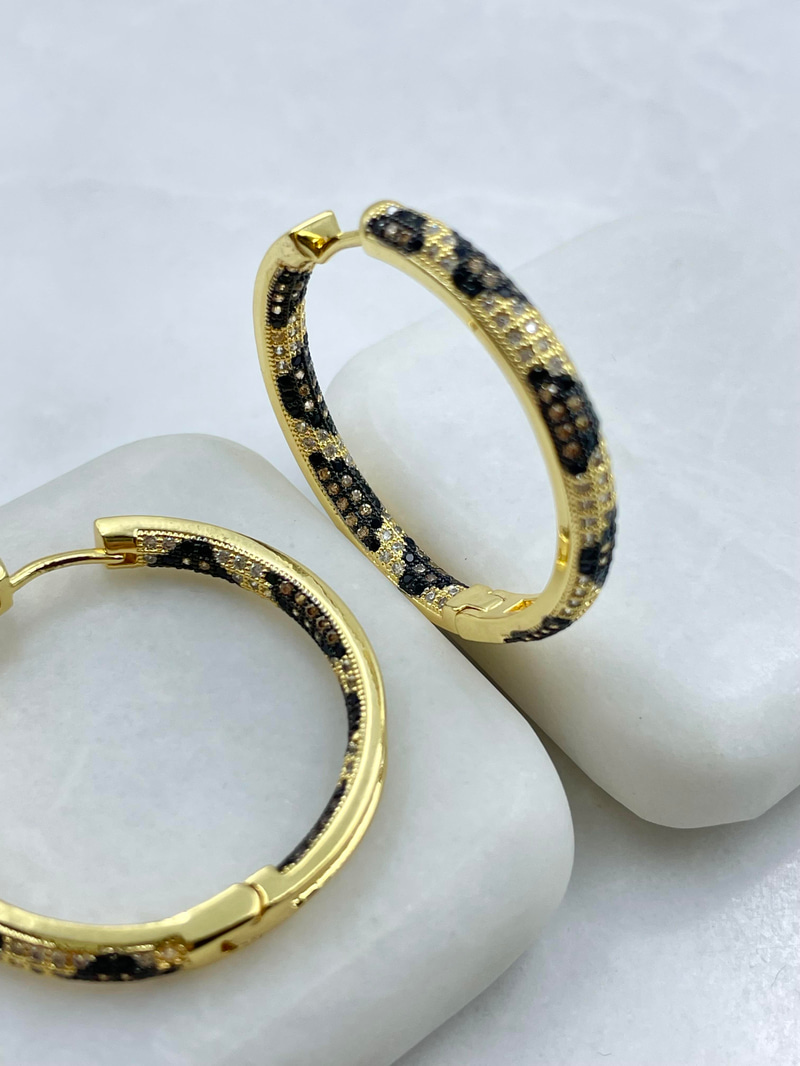 Altın Kaplama Leopar Desenli Tasarım Halka Küpe Gold