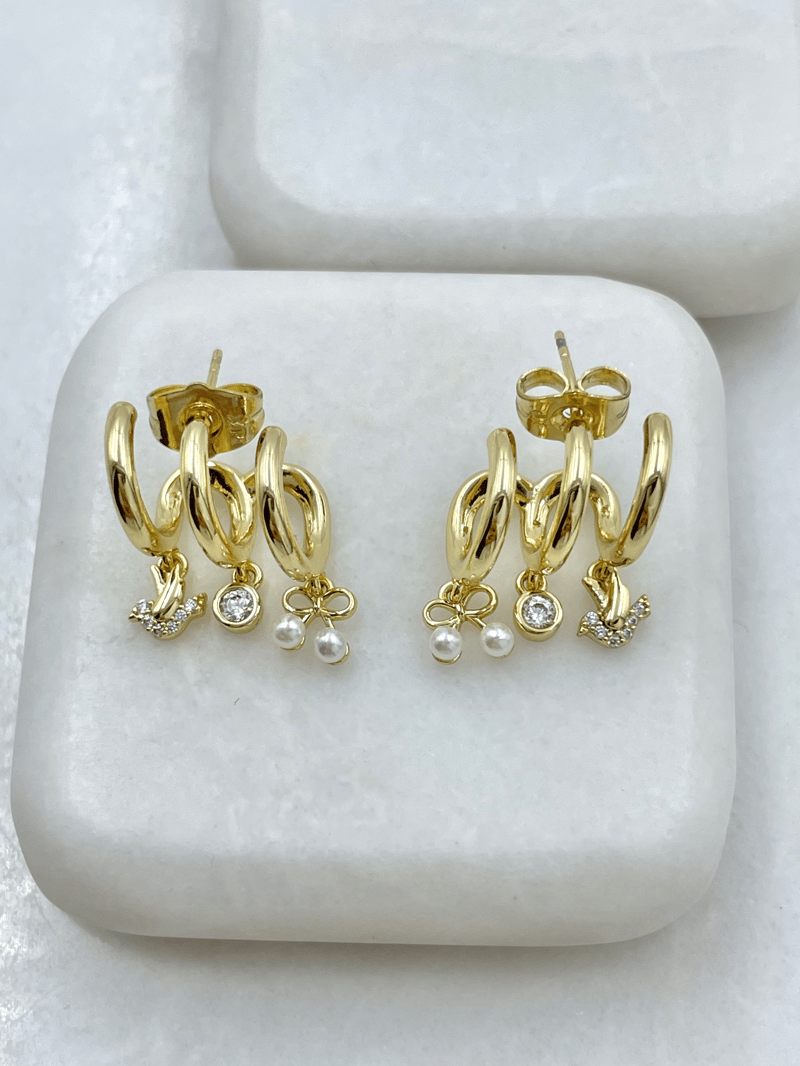 Özel Seri Üçlü Görünüm İnci ve Kuş Model Küpe Gold