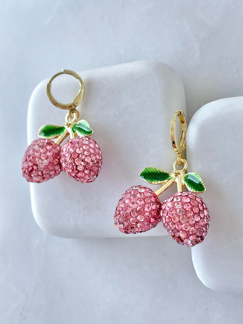 Altın Kaplama Kristal Taşlı Pembe Kiraz Sallantılı Küpe Gold