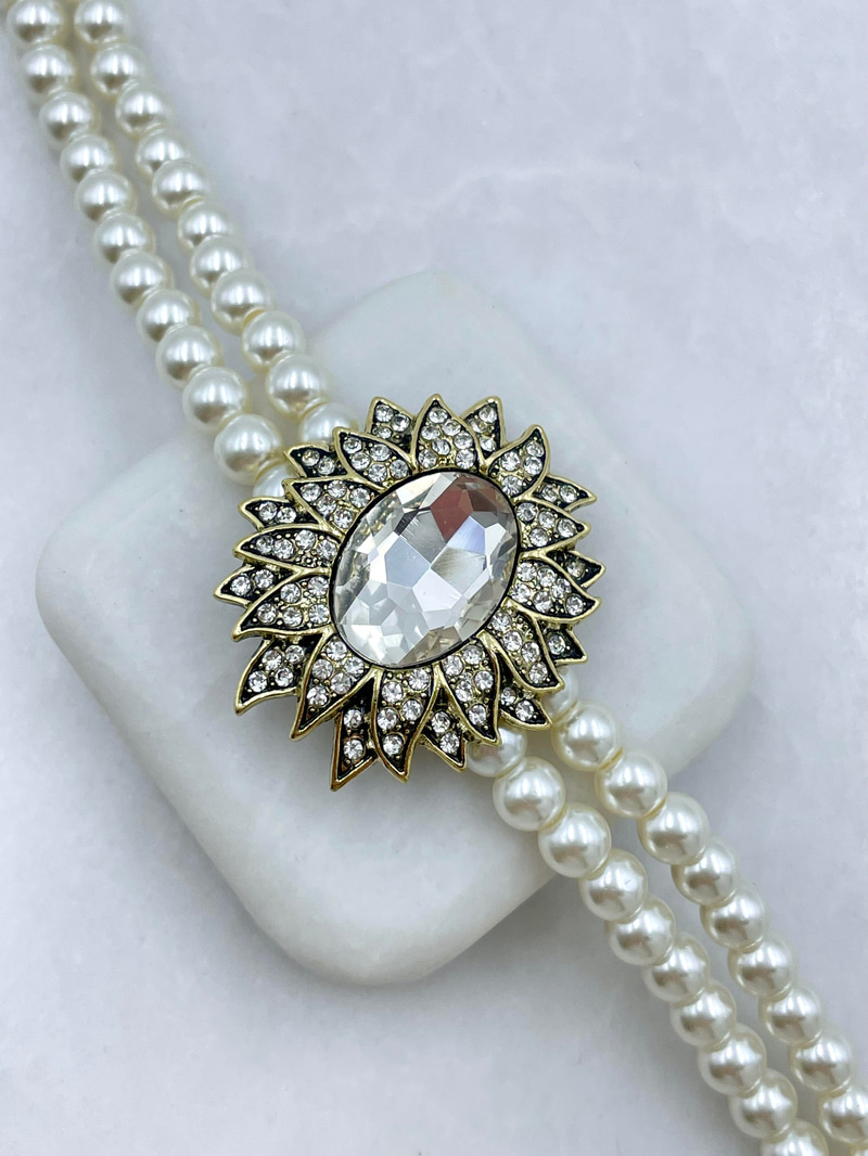 Kristal Taşlı İki Sıra İnci Choker Kolye Gold
