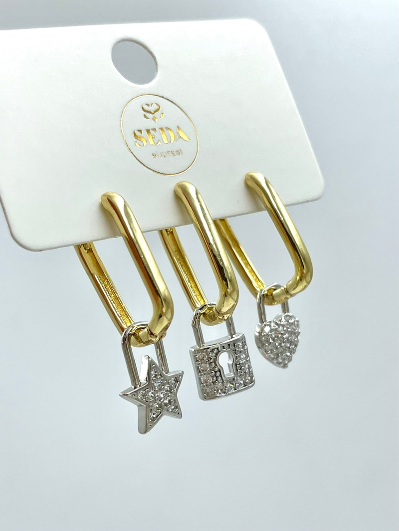 Altın Kaplama Kalp ve Kilit Sallantılı Dikdörtgen Model Üçlü Set Küpe Gold