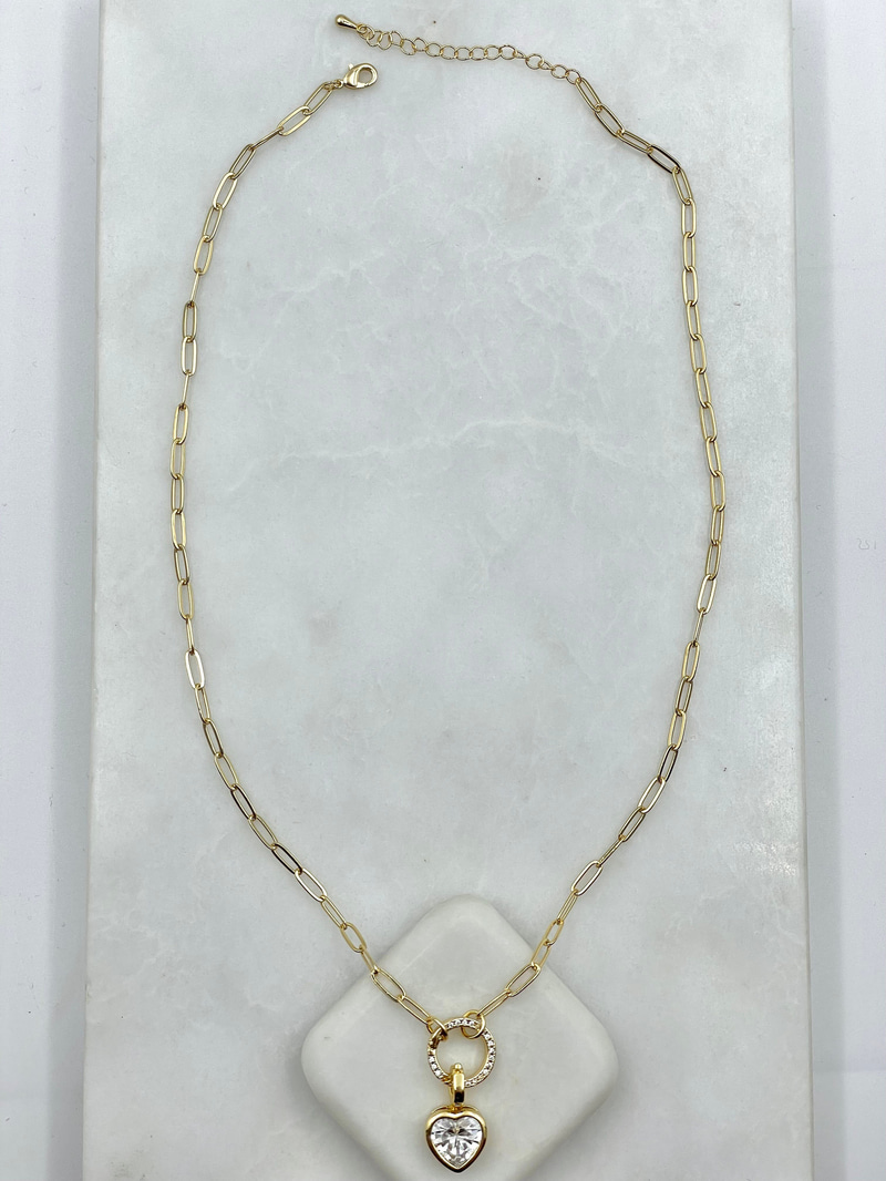 Kalp Kristal Sallantılı Ataç Zincir Kolye Gold