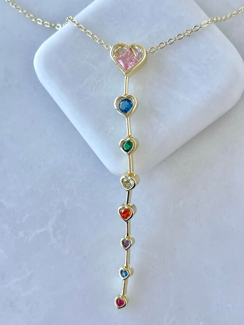 Altın Kaplama Renkli Kristal Kalp Y Model Kolye Gold