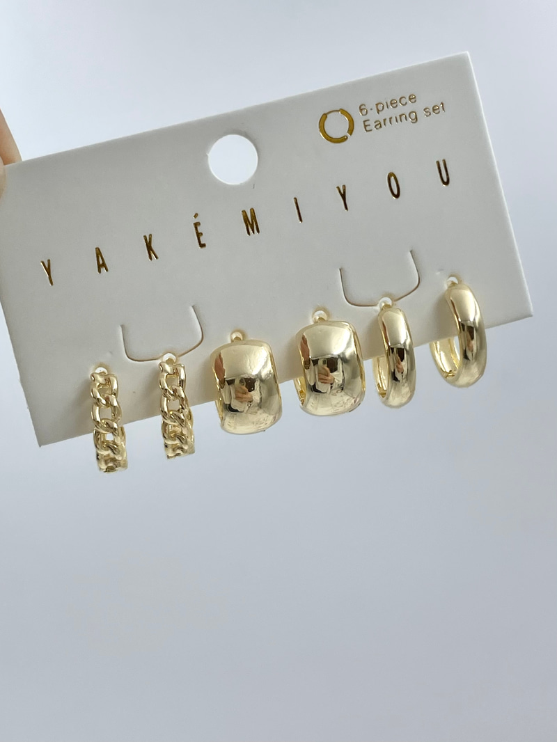 Altın Kaplama Zincir ve Basic Halka Model Altılı Set Küpe Gold