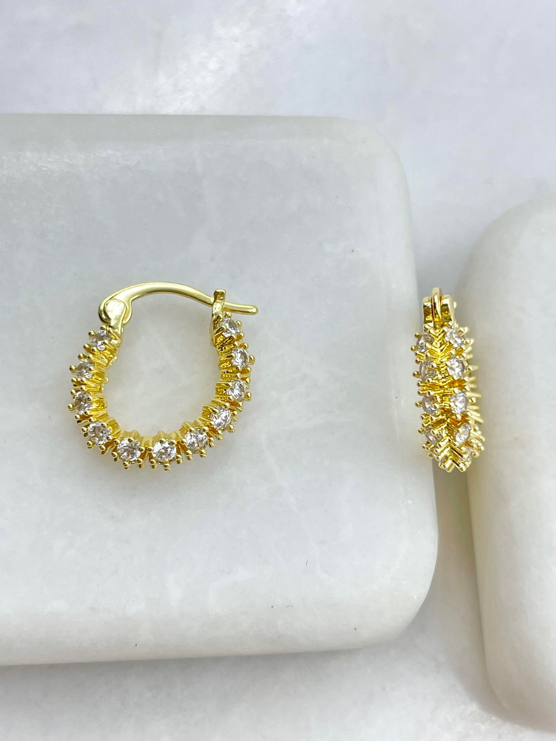 Altın Kaplama Çift Sıra Kristal Taşlı Halka Küpe Gold