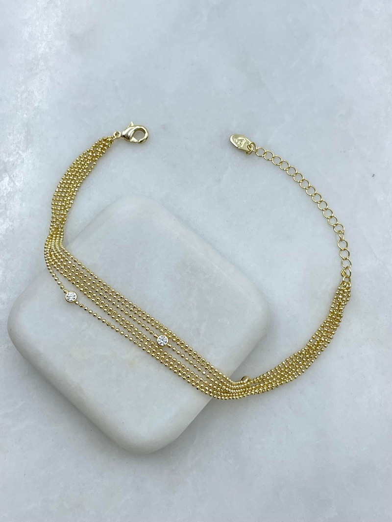 Altın Kaplama Minimal Kristal Taşlı Çoklu Zincir Bileklik Gold