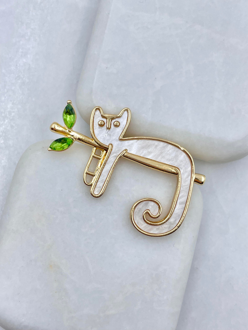 Sedefli Sevimli Kedi Broş Gold