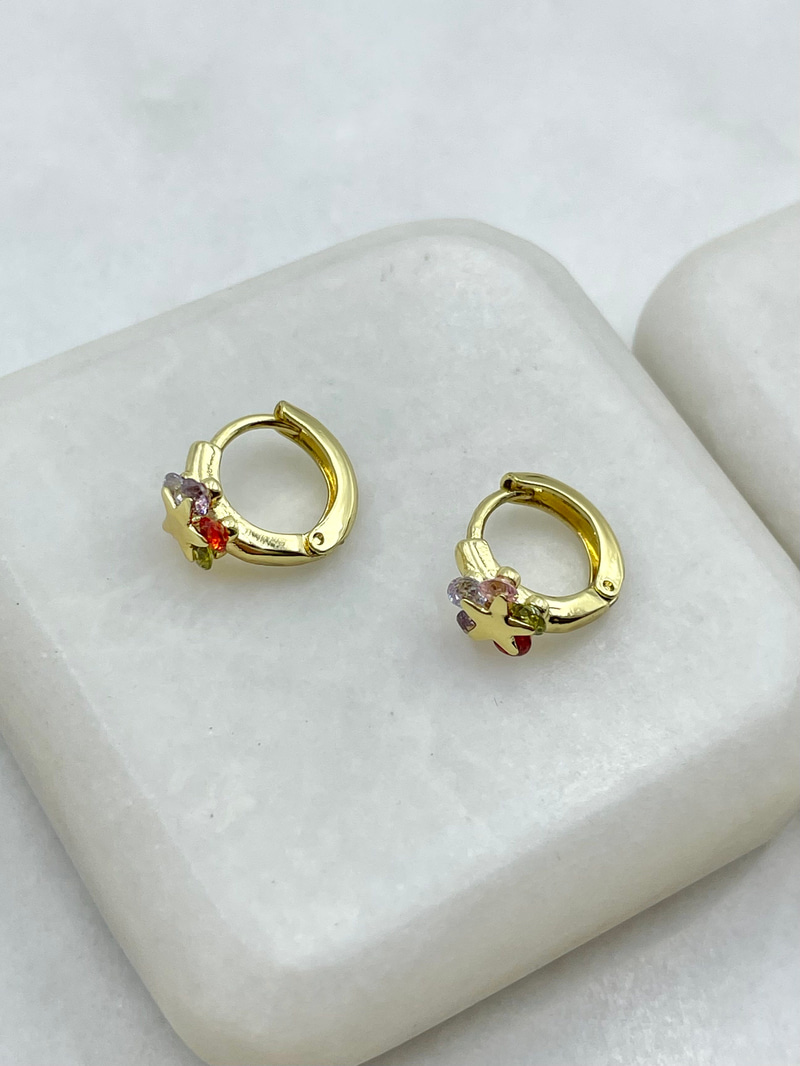Özel Seri Renkli Kristal Taşlı Yıldız Halka Küpe Gold