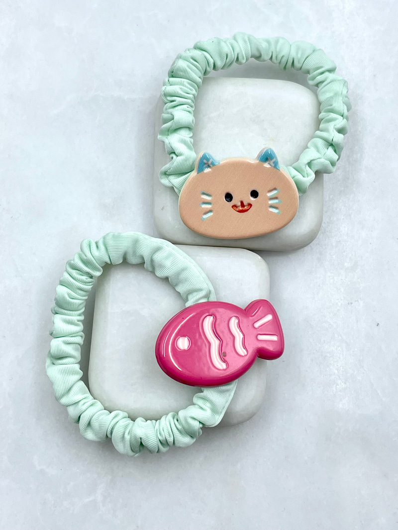 Kedi ve Balık İkili Scrunchie Toka Turkuaz