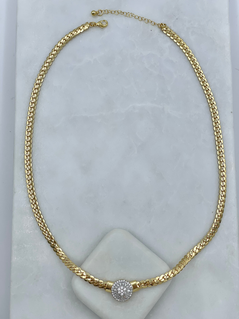 Altın Kaplama Kristal Taşlı Daire Model Zincir Kolye Gold