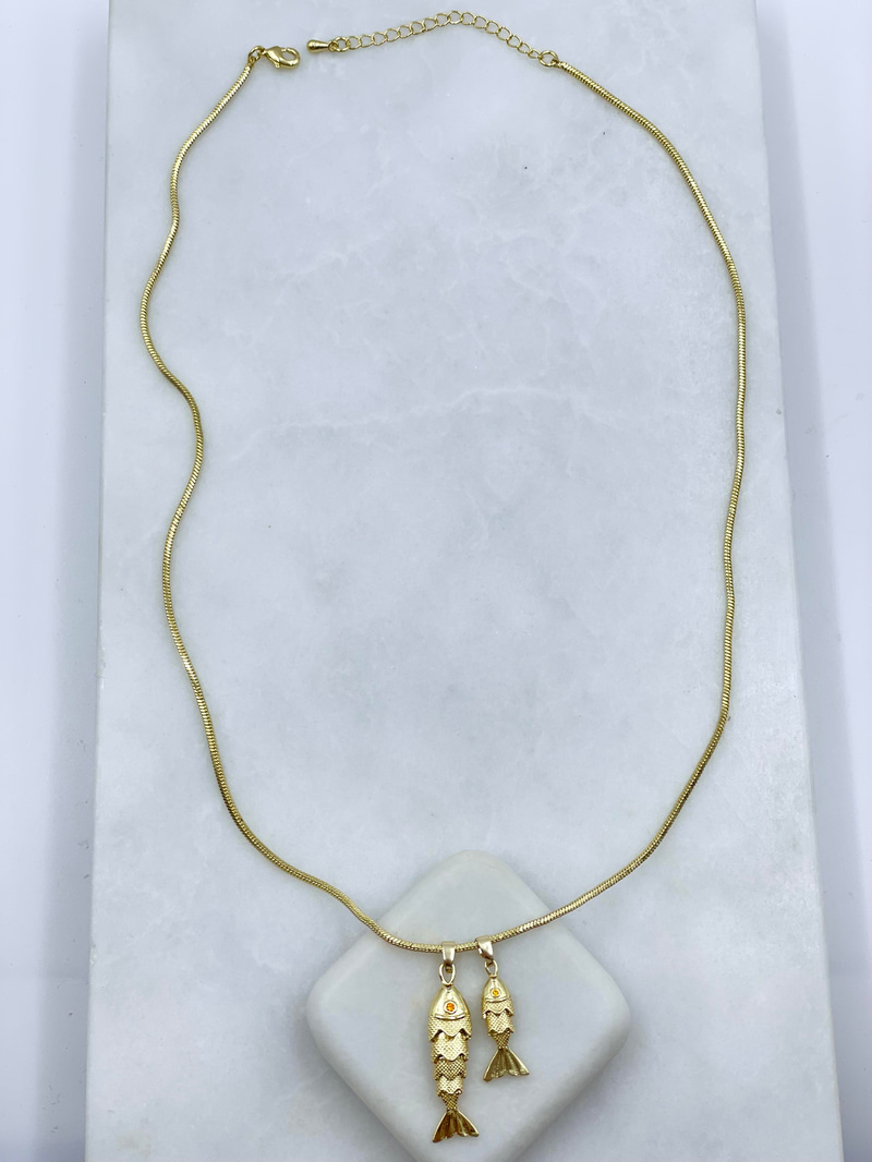Altın Kaplama Büyük Küçük Balık Charmlı Yılan Zincir Kolye Gold