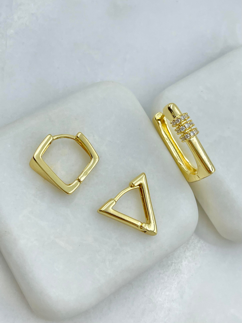 Altın Kaplama Üçlü Zirkon Taşlı Üçgen Set Küpe Gold