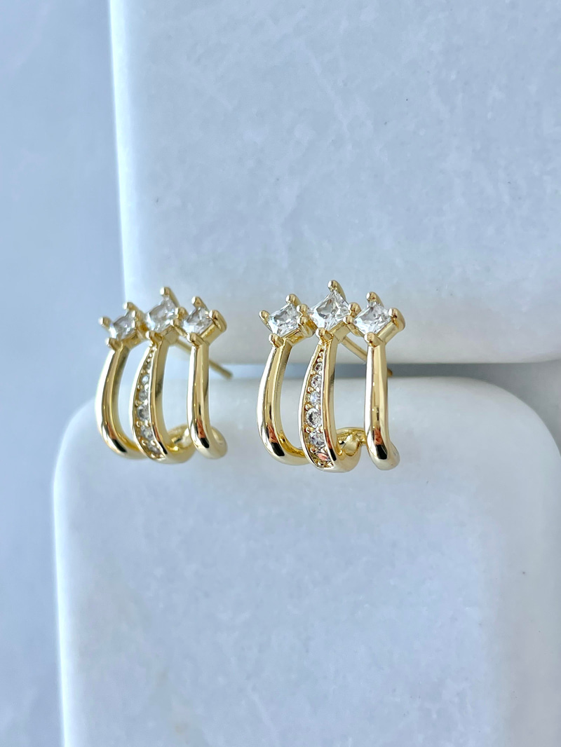 Özel Seri Kristal Taşlı Üçlü Görünüm Küpe Gold