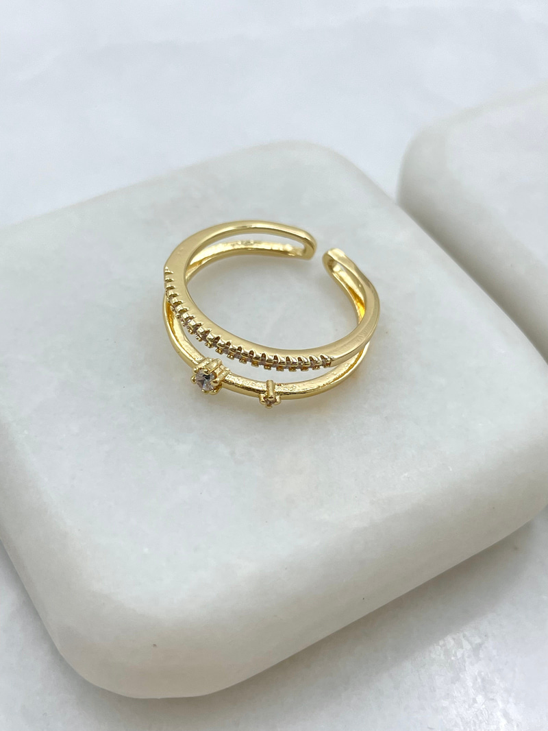 Kristal ve Gömme Taşlı İkili Görünüm Yüzük Gold
