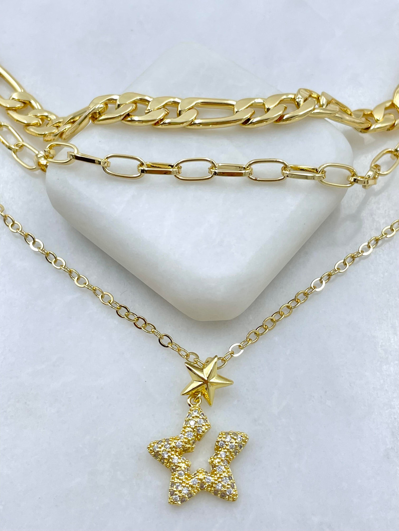Altın Kaplama Yıldız Sallantılı Üçlü Zincir Kolye Gold