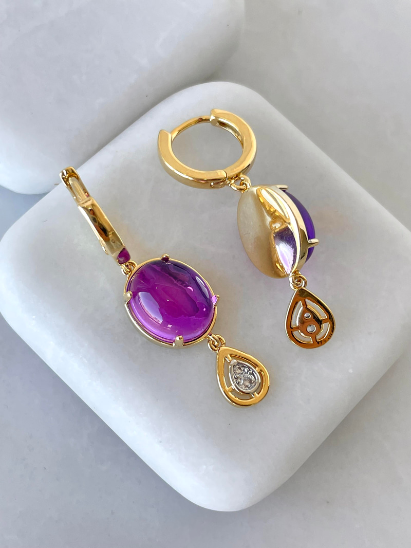 Altın Kaplama Mor Kedi Gözü Sallantılı Küpe Gold
