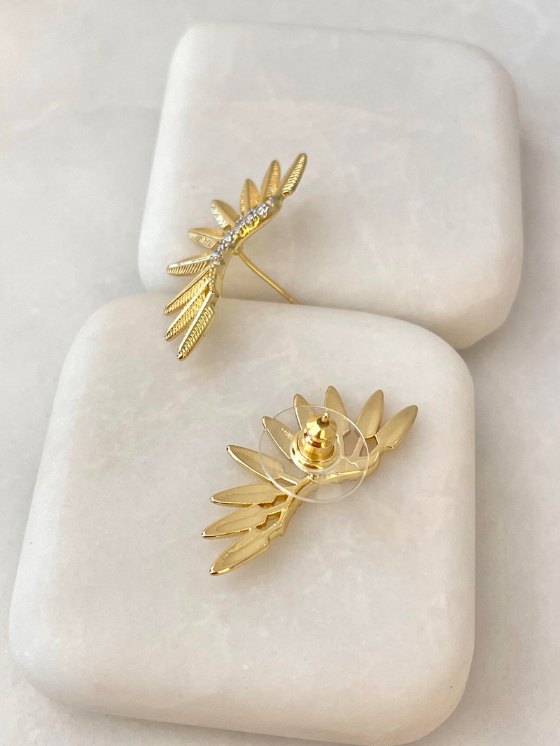 Altın Kaplama Gömme Taşlı Yaprak Model Çift Renk Küpe Gold