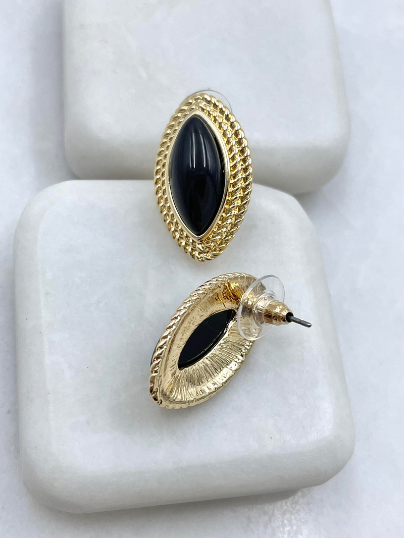 Altın Kaplama Çift Sıra Gold Burgu Detaylı Küçük Vintage Küpe Siyah