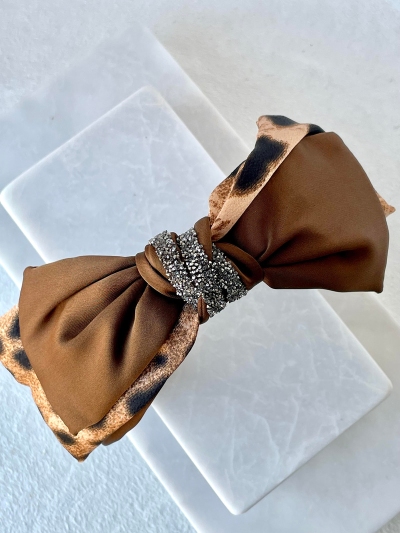 Leopar Desenli Saten Fiyonk Bandana Taç Kahve