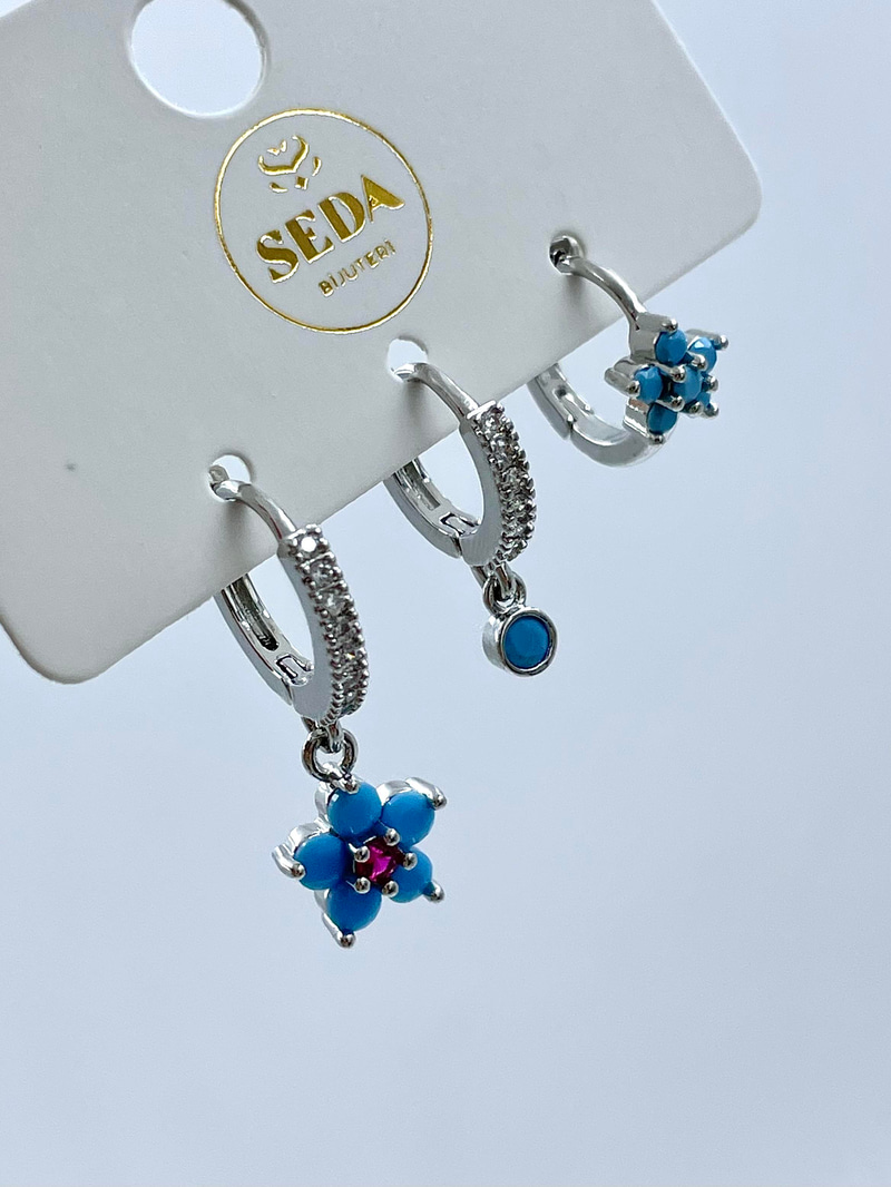 Altın Kaplama Üçlü Mavi Çiçek Model Set Küpe Gümüş