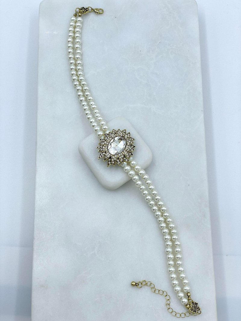 Kristal Taşlı İki Sıra İnci Choker Kolye Gold