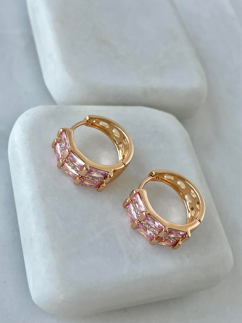 Özel Seri Çift Sıra Pembe Kristal Taşlı Küpe