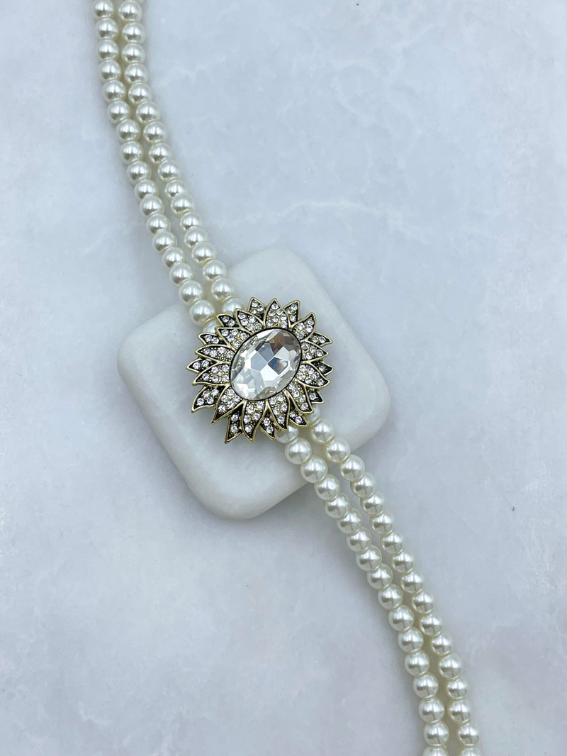 Kristal Taşlı İki Sıra İnci Choker Kolye Gold