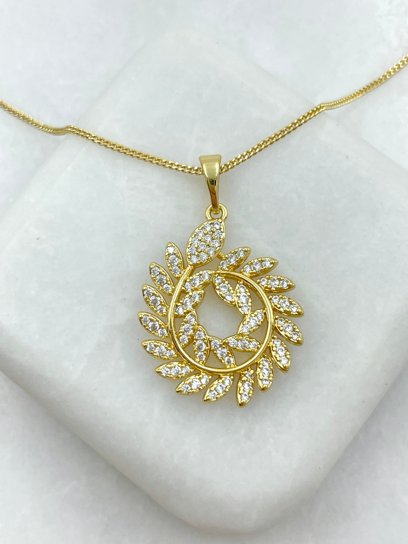 Özel Seri Gömme Taşlı Yaprak Model Kolye Gold
