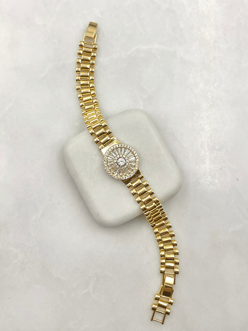 Baget Daire Taşlı Kordon Model Bileklik Gold