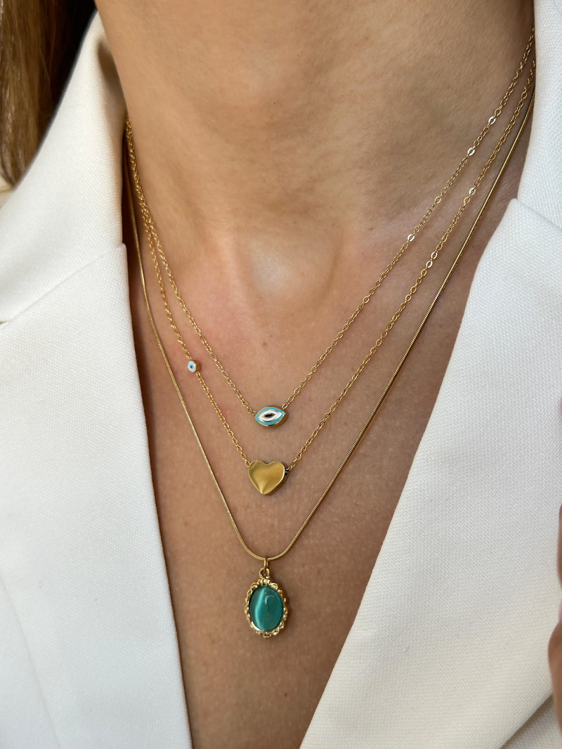 Çelik Opal Taşlı Etnik Desen Kolye Turkuaz-Gold