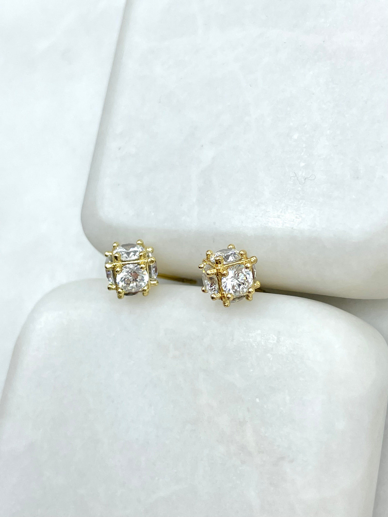 Özel Seri Kare Kristal Taşlı Top Küpe Gold