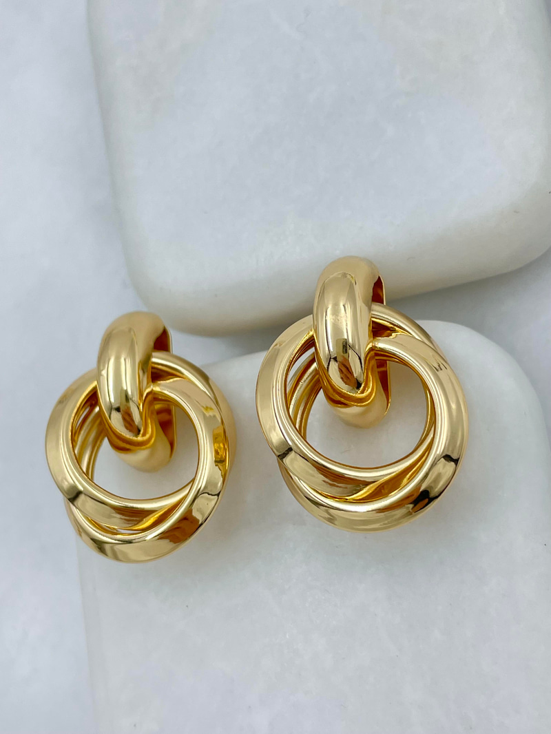 Altın Kaplama İçi Boş Çift Halka Vintage Küpe Gold