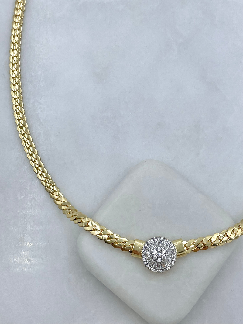 Altın Kaplama Kristal Taşlı Daire Model Zincir Kolye Gold
