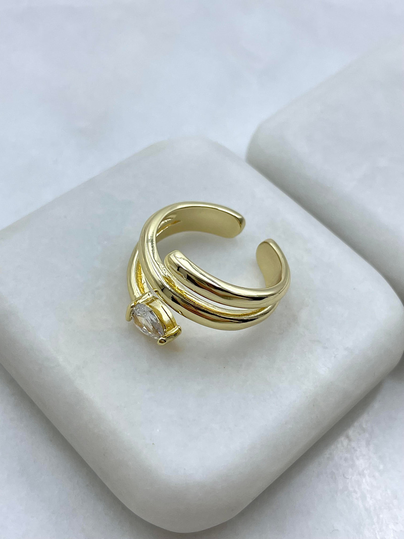 Altın Kaplama Kristal Taşlı Üçlü Görünüm Yüzük Gold