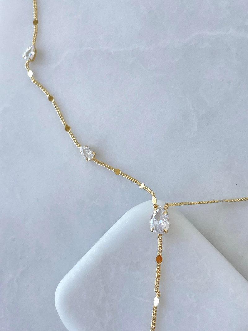 Altın Kaplama Damla Kristal ve Pul Zincir Y Model Kolye Gold