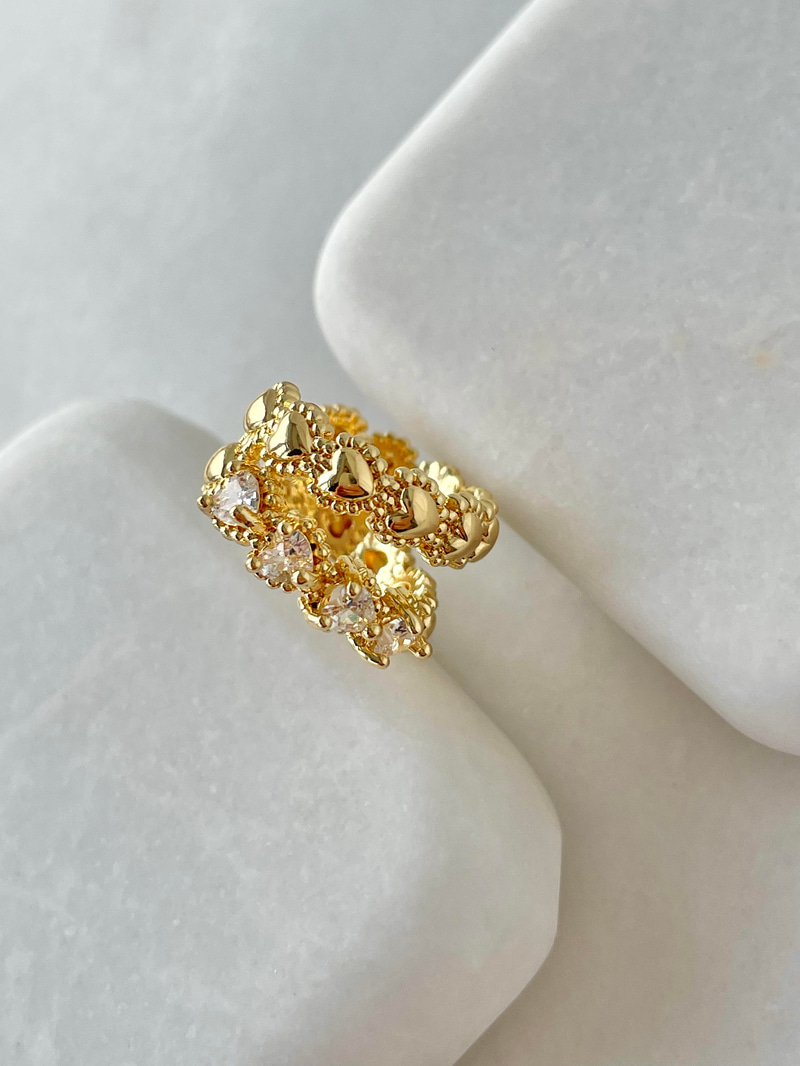 Kristal Taşlı Çift Sıra Kalp Kıkırdak Küpe Gold