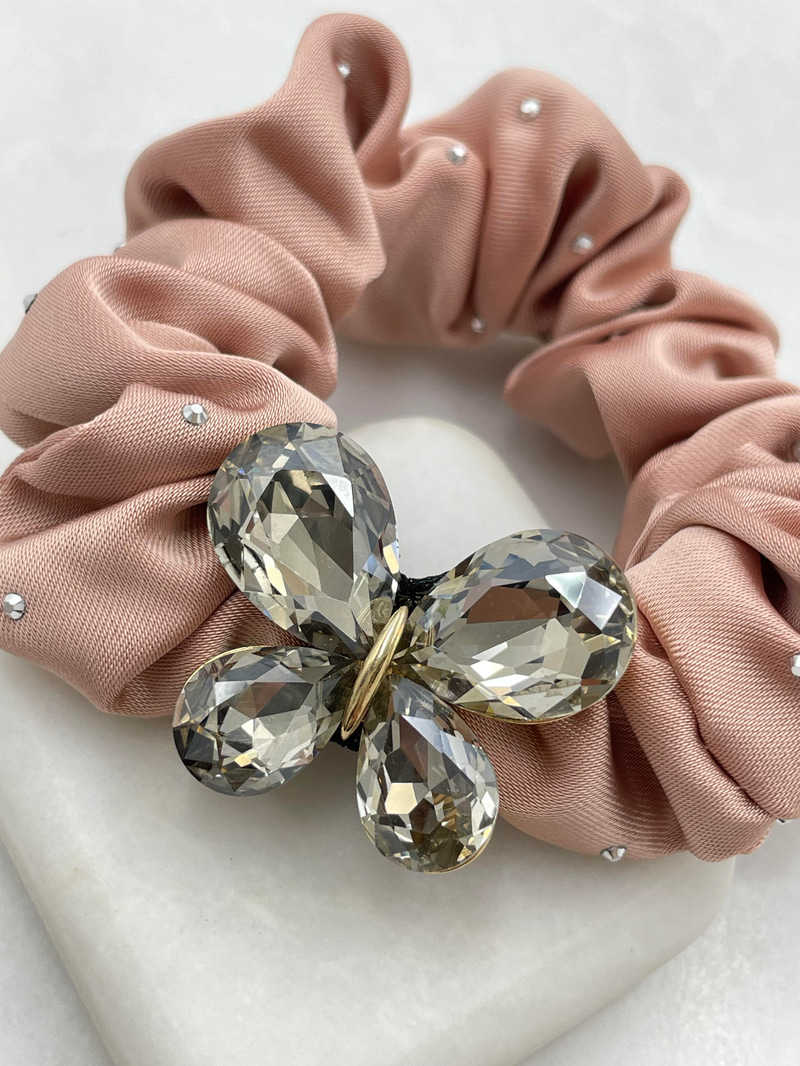 Kristal Kelebekli Premium Scrunchie Toka Gül kurusu