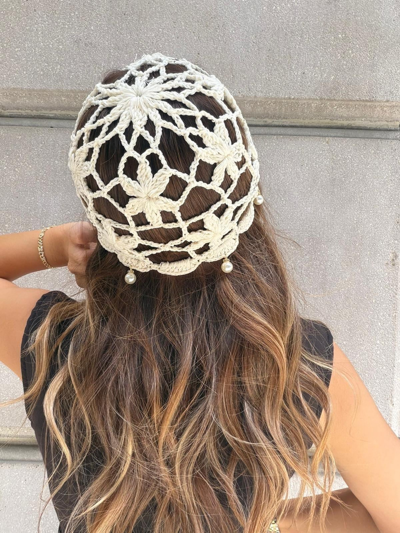 Boncuk Saçaklı File Bandana Şapka Bej