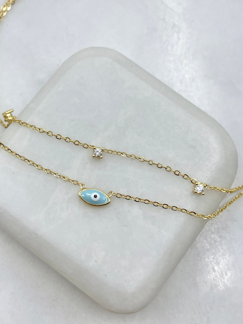 Altın Kaplama Mineli Göz Model İkili Zincir Halhal Gold