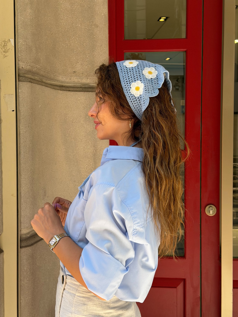 Papatya Desenli Daire Köşeli Bandana Mavi