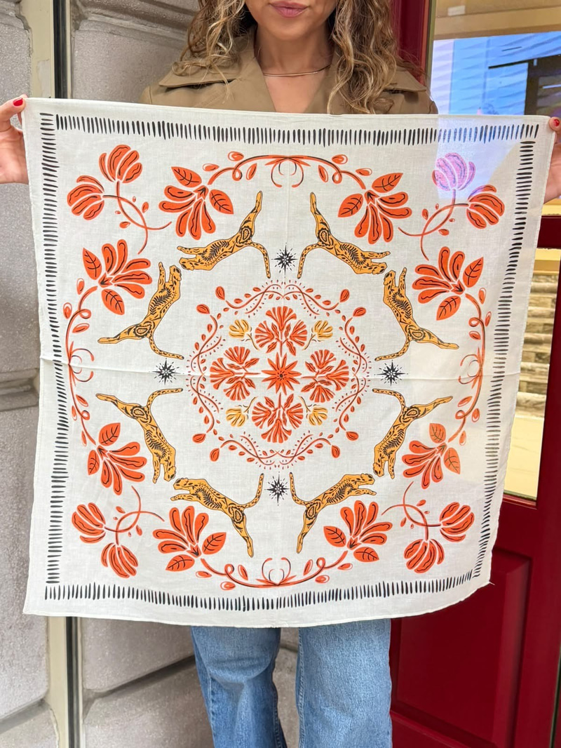 Ekru Çiçek Desenli Pamuklu Bandana Fular 63x63 cm Renkli